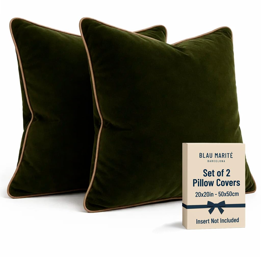 2 Pack Velvet Decorative Throw Pillow Covers, 20"x20", Green and Camel, Solid, Modern, Contrast Piping, Indoor Use, Bedroom & Living Room