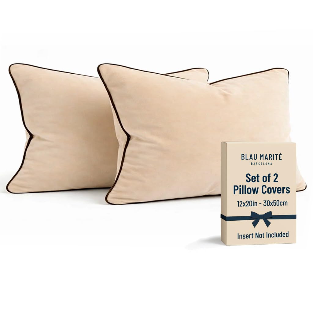 2 Pack Velvet Decorative Throw Pillow Covers, 20"x20", Green and Camel, Solid, Modern, Contrast Piping, Indoor Use, Bedroom & Living Room