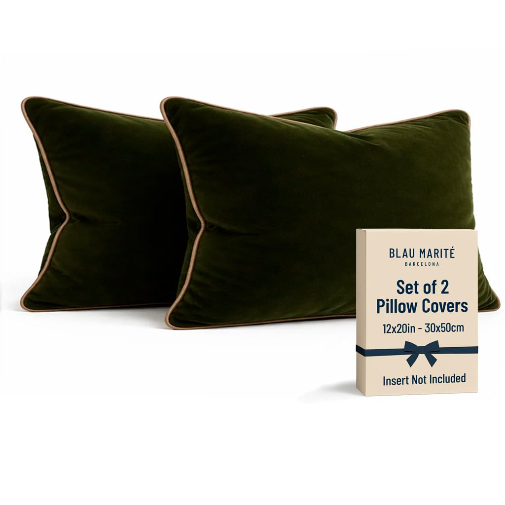 2 Pack Velvet Decorative Throw Pillow Covers, 20"x20", Green and Camel, Solid, Modern, Contrast Piping, Indoor Use, Bedroom & Living Room