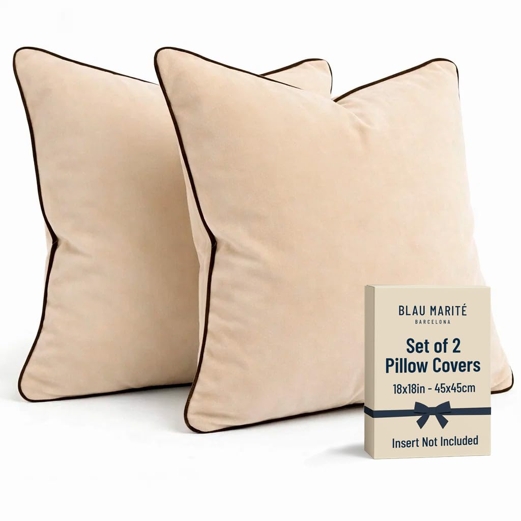 2 Pack Velvet Decorative Throw Pillow Covers, 20"x20", Green and Camel, Solid, Modern, Contrast Piping, Indoor Use, Bedroom & Living Room