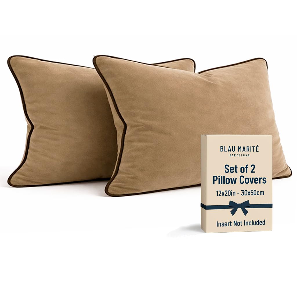 2 Pack Velvet Decorative Throw Pillow Covers, 20"x20", Green and Camel, Solid, Modern, Contrast Piping, Indoor Use, Bedroom & Living Room