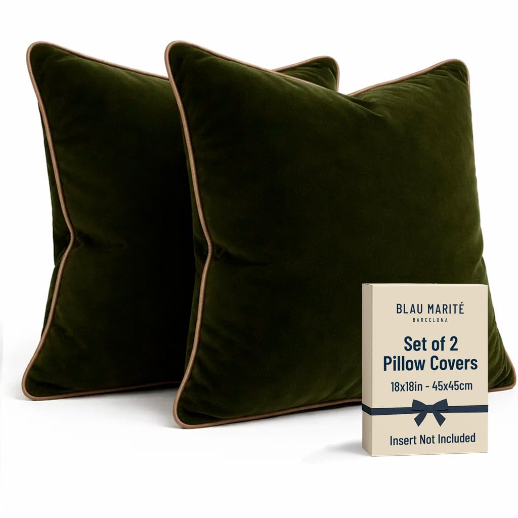 2 Pack Velvet Decorative Throw Pillow Covers, 20"x20", Green and Camel, Solid, Modern, Contrast Piping, Indoor Use, Bedroom & Living Room