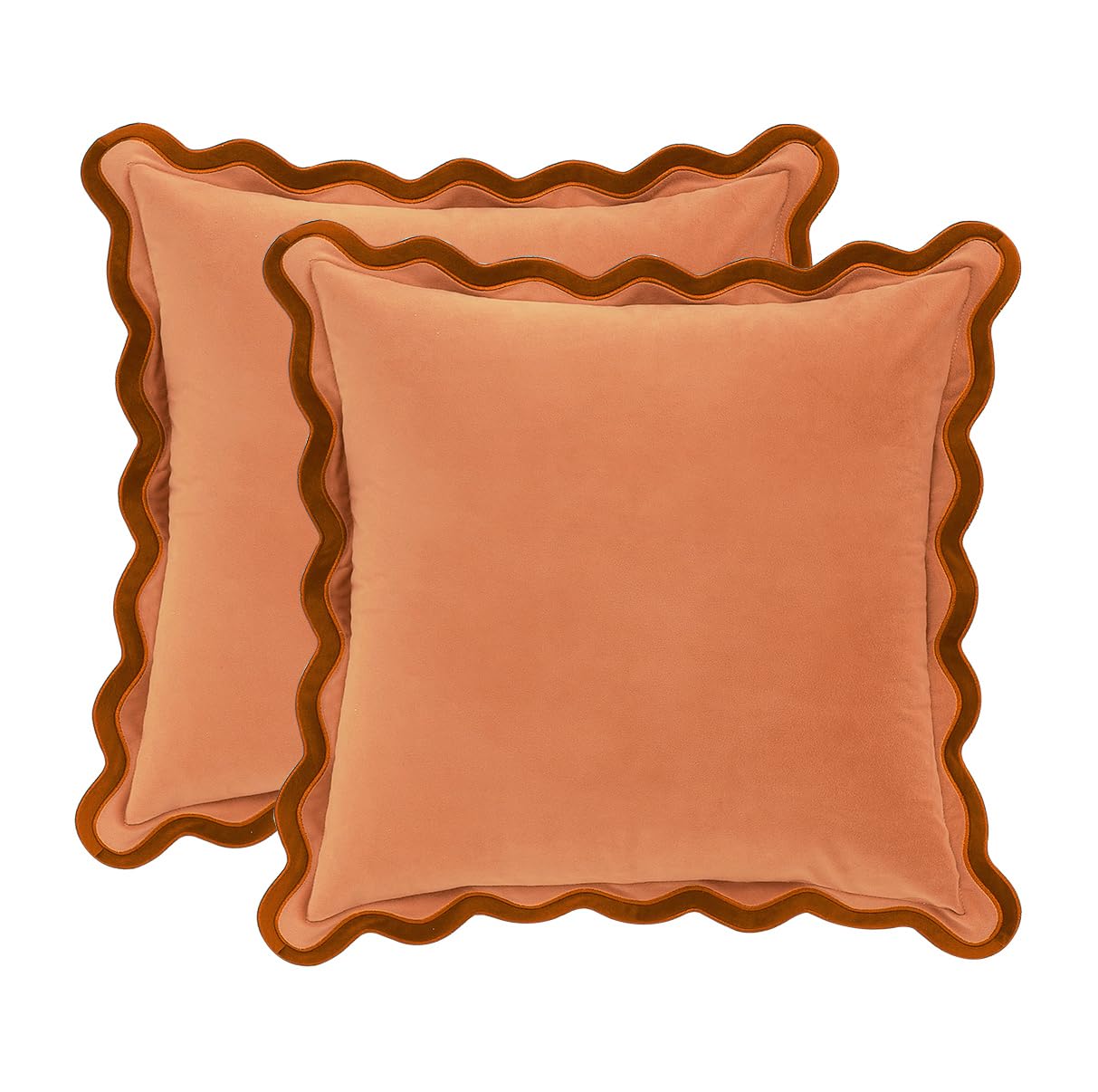 MONDAY MOOSE Decorative Throw Pillow Covers Cushion Cases, Set of 2 Soft Velvet Scalloped Wavy Edge Designs, Mix and Match for Home Decor, Pillow Inserts Not Included (20x20 inch, Pink/Honey)