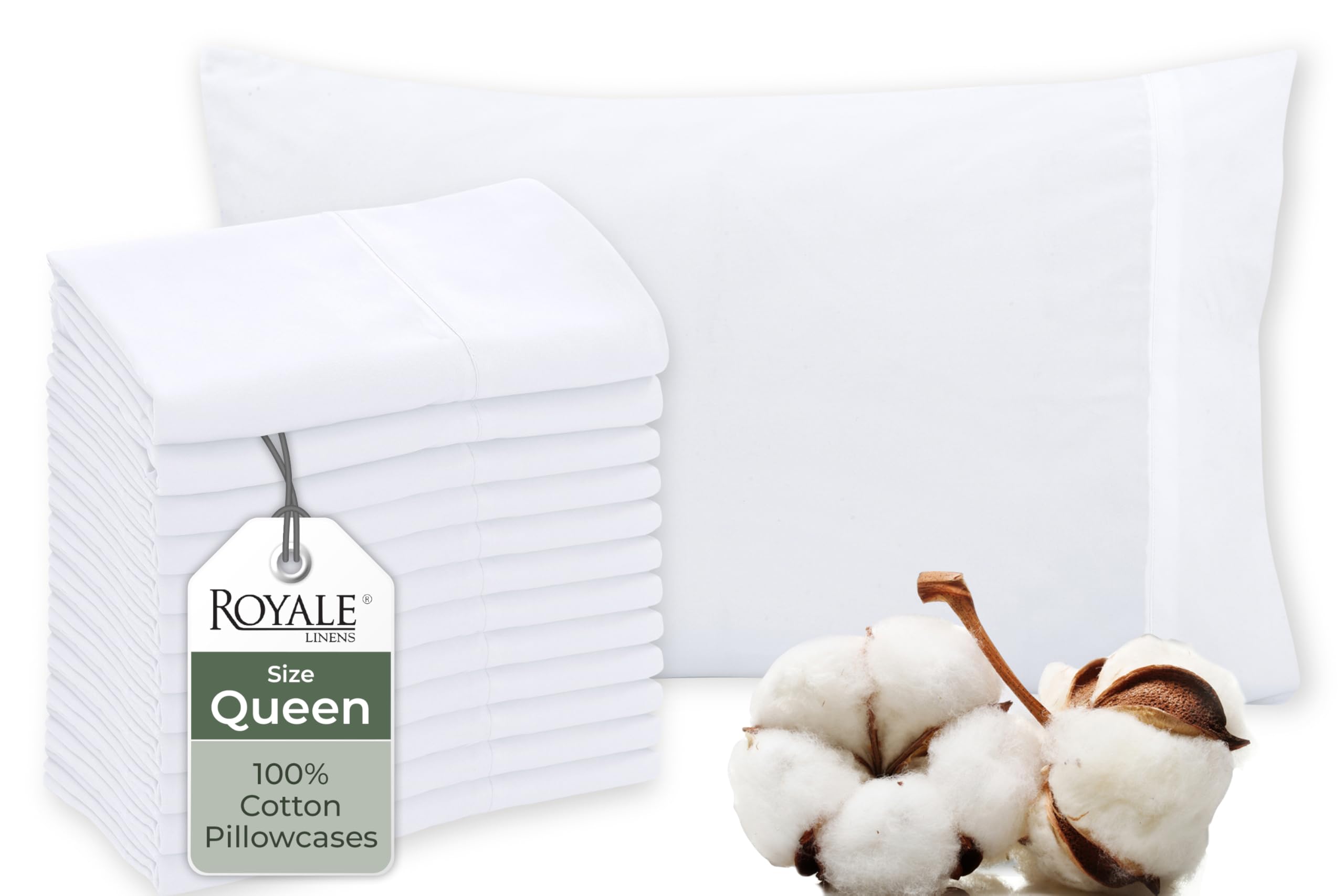 Royale Linens White Cotton Pillow Cases Standard Size Set of 12 - Bed Pillow Covers - 100% Cotton Pillowcases - Soft & Cooling- Envelope Closure - Hotel Quality Bulk Pillowcases 20" x 26"