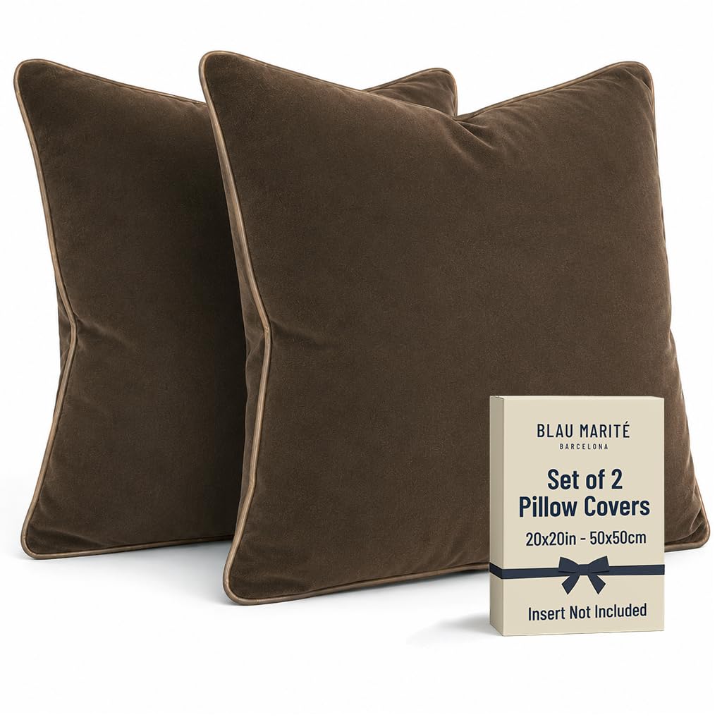 2 Pack Velvet Decorative Throw Pillow Covers, 20"x20", Green and Camel, Solid, Modern, Contrast Piping, Indoor Use, Bedroom & Living Room