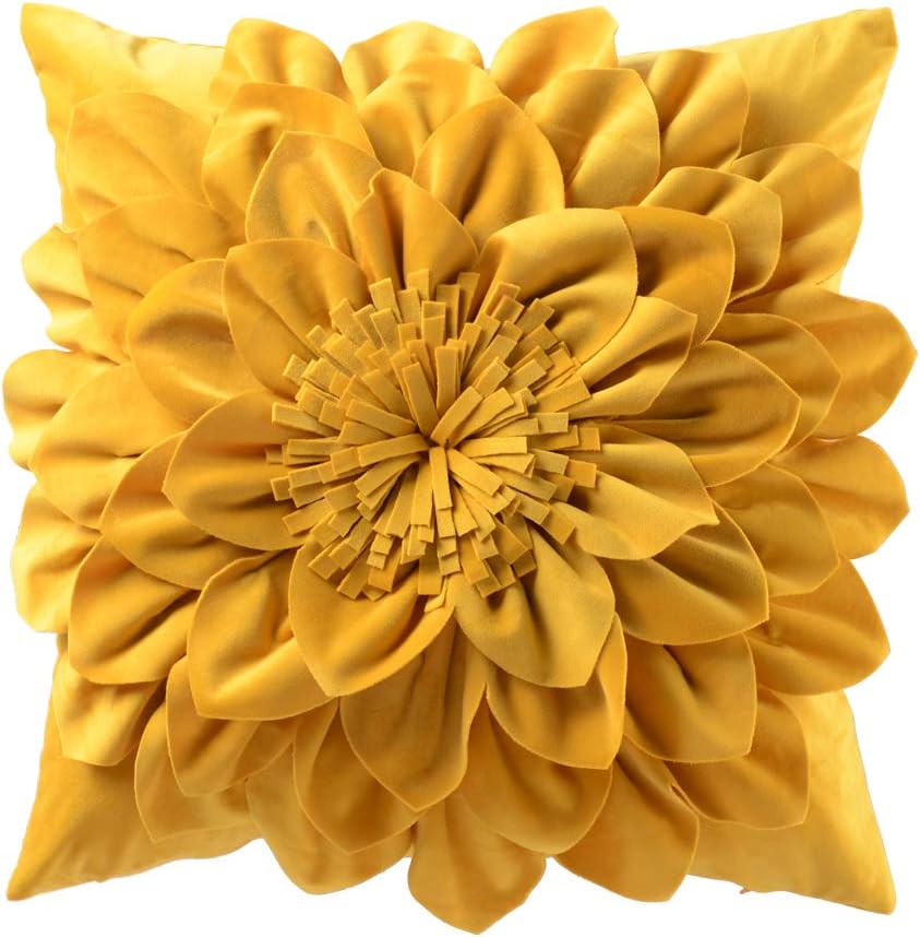 OiseauVoler Decorative 3D Flower Throw Pillow Covers Soft Velvet Handmade Pillowcases Cushion Covers for Couch Bed Living Room Home Decor 18x18 Inch Yellow