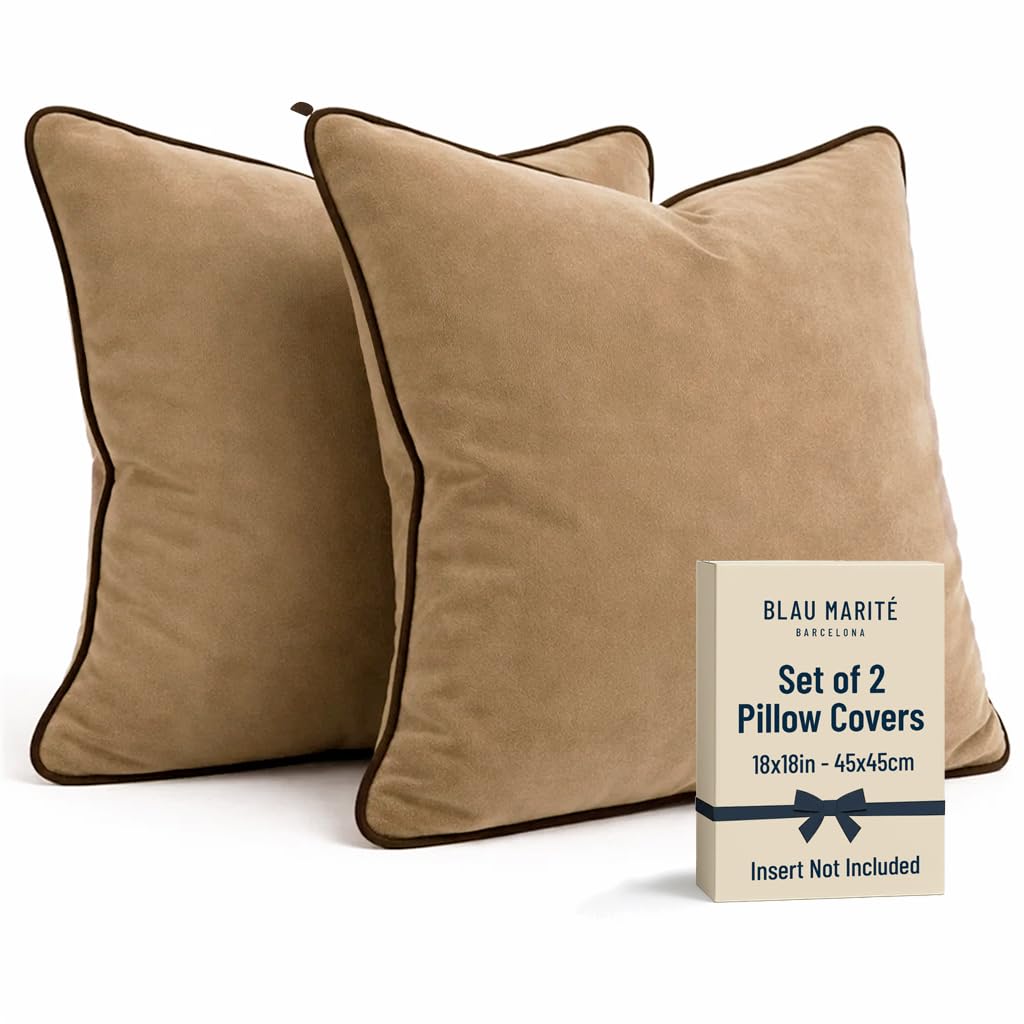 2 Pack Velvet Decorative Throw Pillow Covers, 20"x20", Green and Camel, Solid, Modern, Contrast Piping, Indoor Use, Bedroom & Living Room