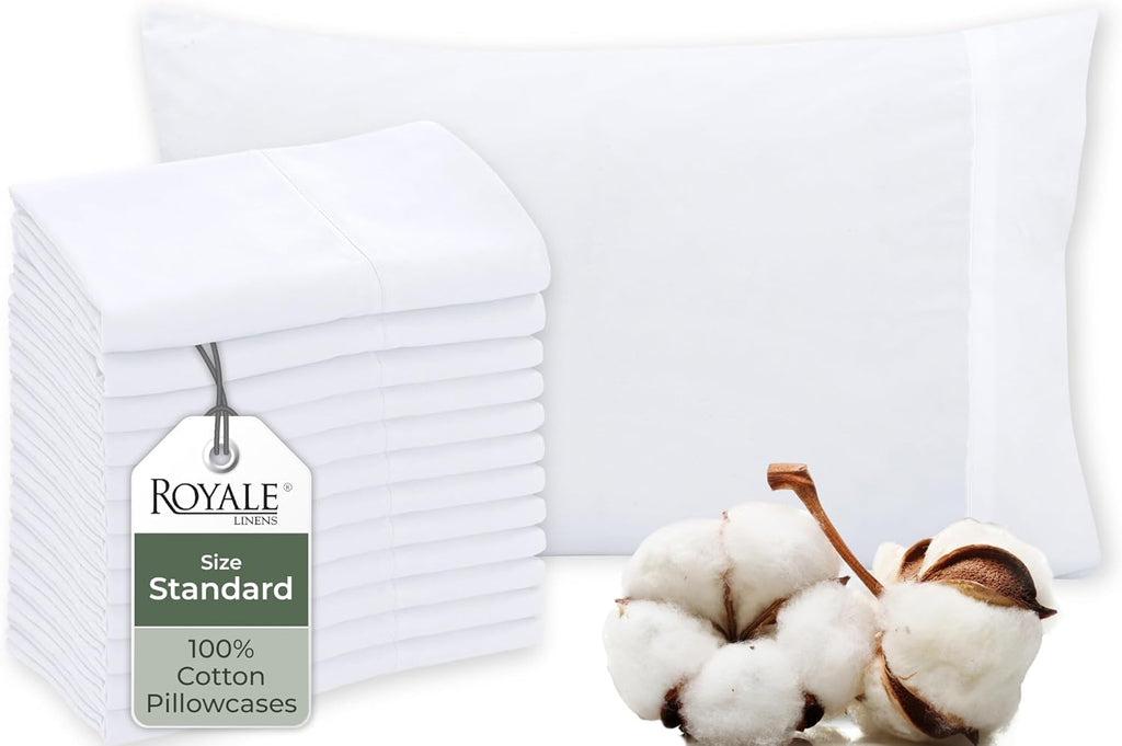 Royale Linens White Cotton Pillow Cases Standard Size Set of 12 - Bed Pillow Covers - 100% Cotton Pillowcases - Soft & Cooling- Envelope Closure - Hotel Quality Bulk Pillowcases 20" x 26"