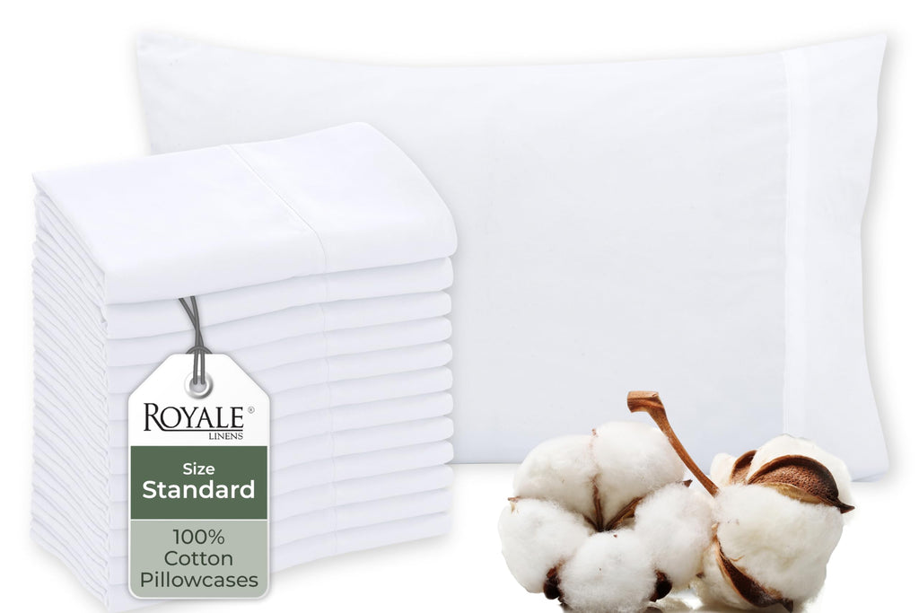Royale Linens White Cotton Pillow Cases Standard Size Set of 12 - Bed Pillow Covers - 100% Cotton Pillowcases - Soft & Cooling- Envelope Closure - Hotel Quality Bulk Pillowcases 20" x 26"