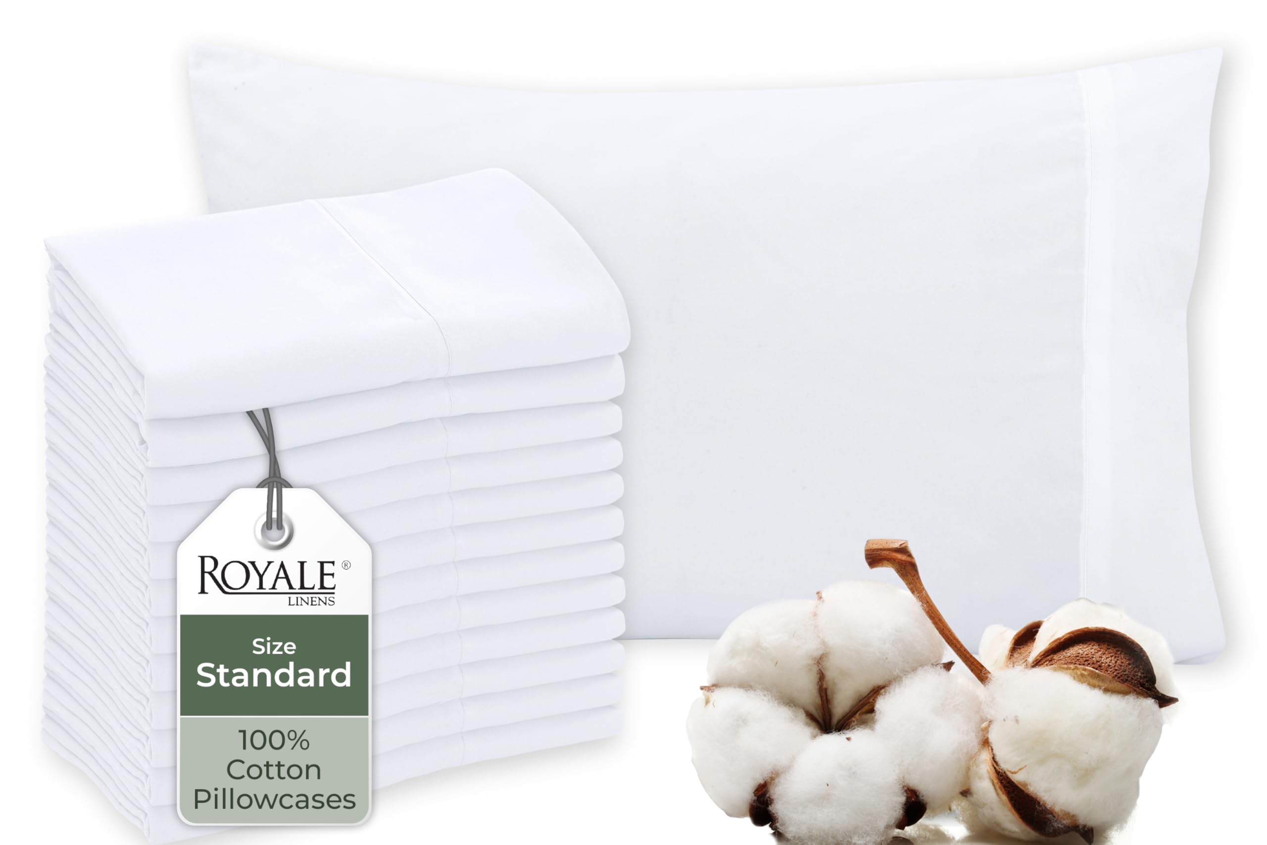 Royale Linens White Cotton Pillow Cases Standard Size Set of 12 - Bed Pillow Covers - 100% Cotton Pillowcases - Soft & Cooling- Envelope Closure - Hotel Quality Bulk Pillowcases 20" x 26"