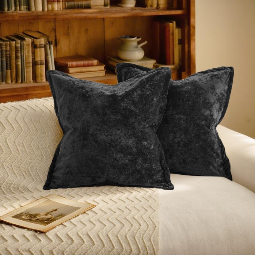Velvet Pillow Covers 2 Pack Soft 26x26 Pillow Covers Solid Square Euro Shams Decorative Couch Pillow Cases with Wide Border for Sofa Bed Home Decor,Black