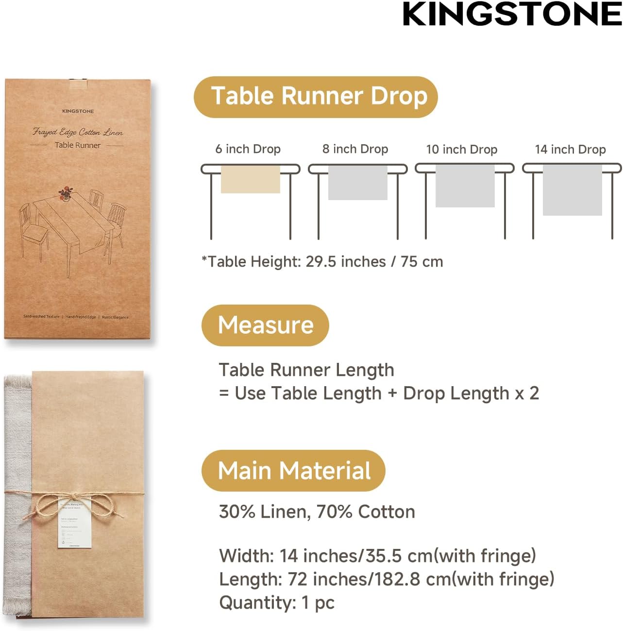 KINGSTONE 14 x 72 Inches Frayed Edge Table Runner, 270G Heavyweight Sand Washed Slub Texture Cotton Linen for Modern Farmhouse, Rustic Home Decorations Dining Room Wedding Boho Decor, Natural