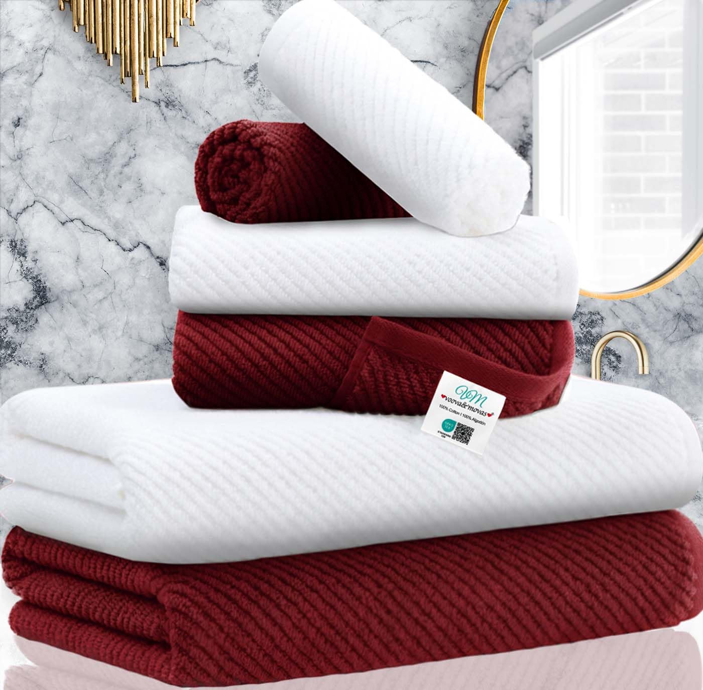VOOVA & MOVAS Bath Towel Sets - 100% Cotton | Quick Dry | Light Weight | Thick | Soft, Beige Towels Set of 6, 2 Large Bath 30" x 56", 2 Hand 18" x 28", 2 Washcloths 13" x 13", Tan Towel Gift Set