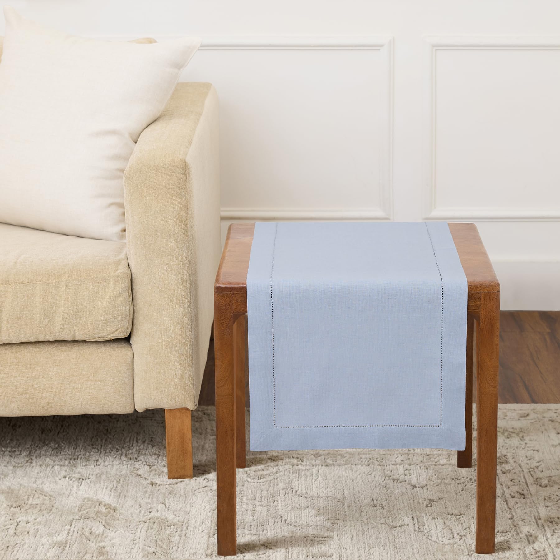 Solino Home Linen Light Natural Table Runner 72 Inches Long - 100% Pure Linen Hemstitch Table Runner 14 x 72 Inch for Dresser, Dining, Spring, Summer - Classic Hemstitch