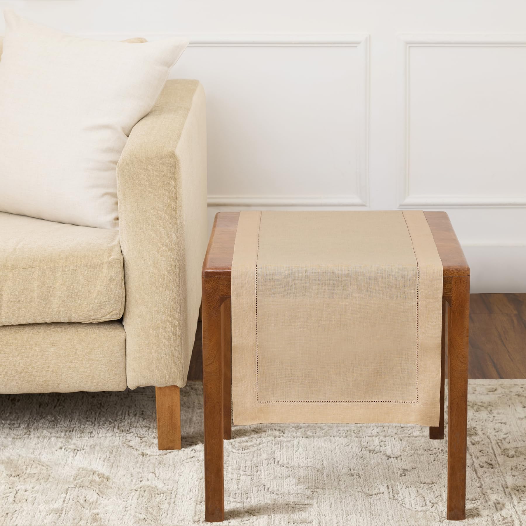 Solino Home Linen Light Natural Table Runner 72 Inches Long - 100% Pure Linen Hemstitch Table Runner 14 x 72 Inch for Dresser, Dining, Spring, Summer - Classic Hemstitch