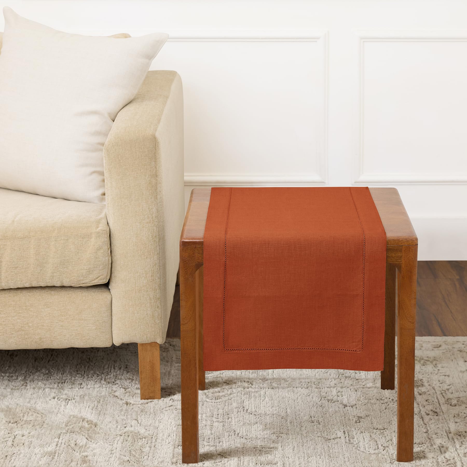 Solino Home Linen Light Natural Table Runner 72 Inches Long - 100% Pure Linen Hemstitch Table Runner 14 x 72 Inch for Dresser, Dining, Spring, Summer - Classic Hemstitch