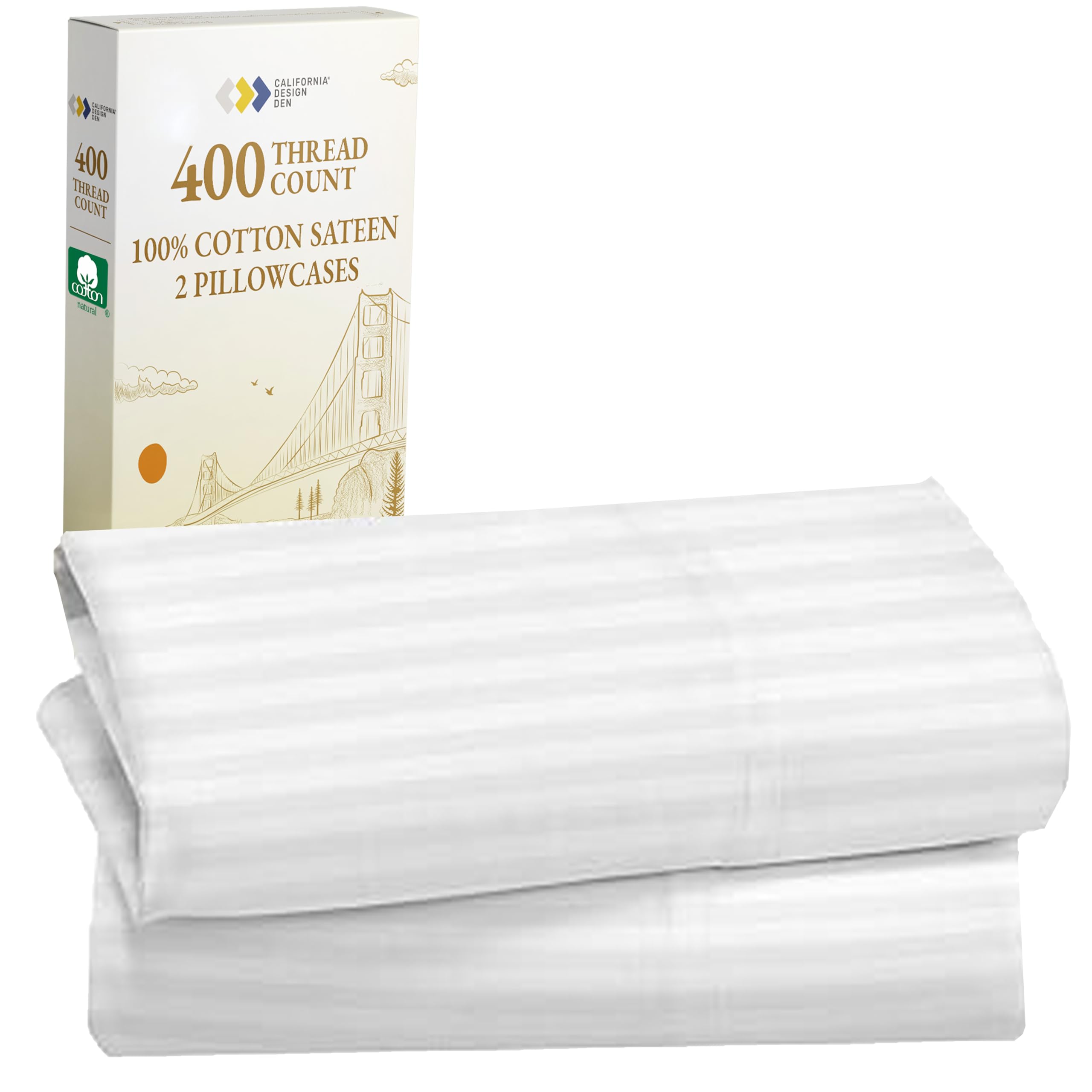 California Design Den Standard Queen Size Pillowcase Set - 400 Thread Count, 100% Cotton Sateen, Set of 2 Pillow Covers, Soft and Breathable - Bright White