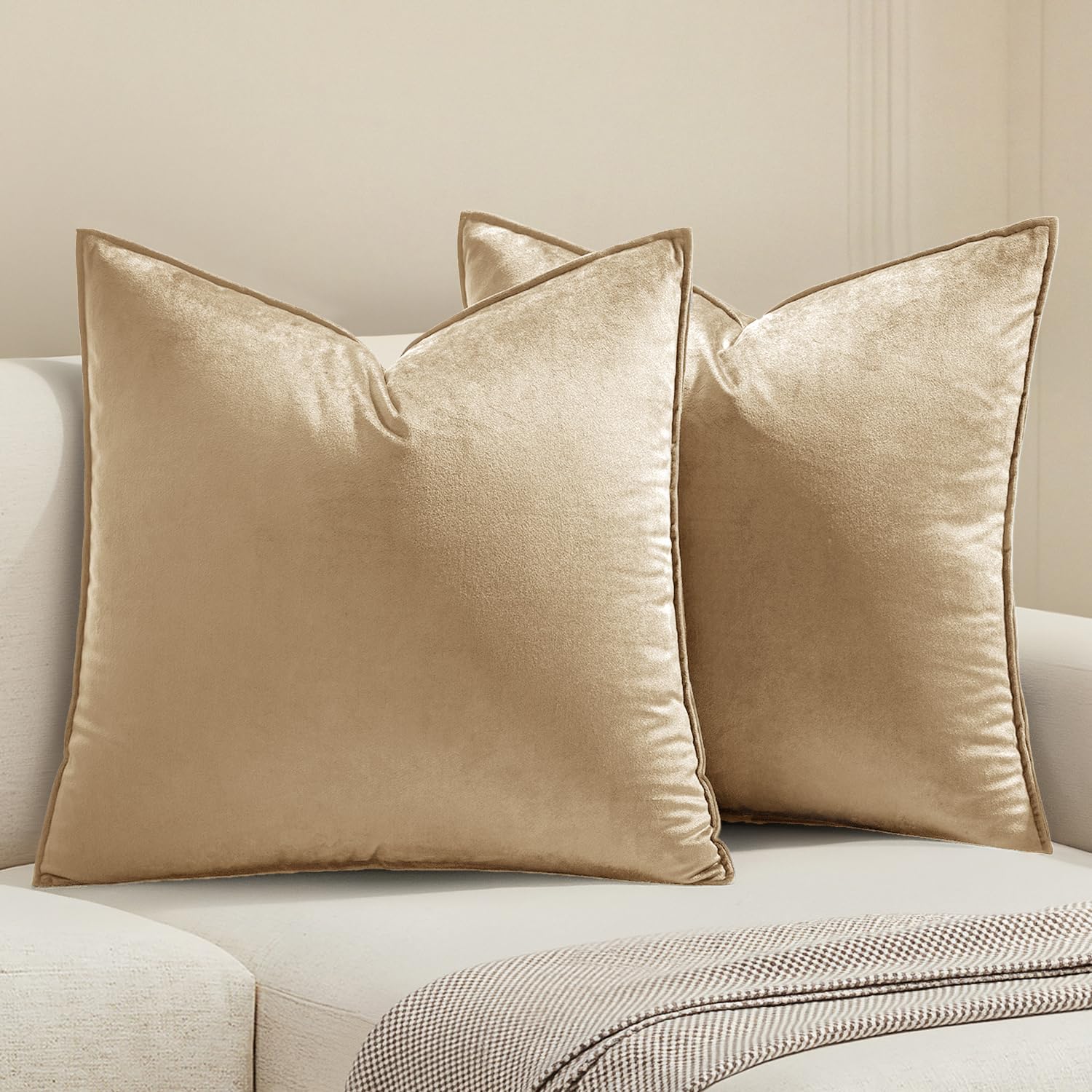 MIULEE Dark Coffee Velvet Throw Pillow Covers 24x24 Taupe Neutral Soft Decorative Solid Square Euro Sham Cushion Cases Pack of 2 Modern Luxury Home Decor for Couch, Sofa, Bedroom