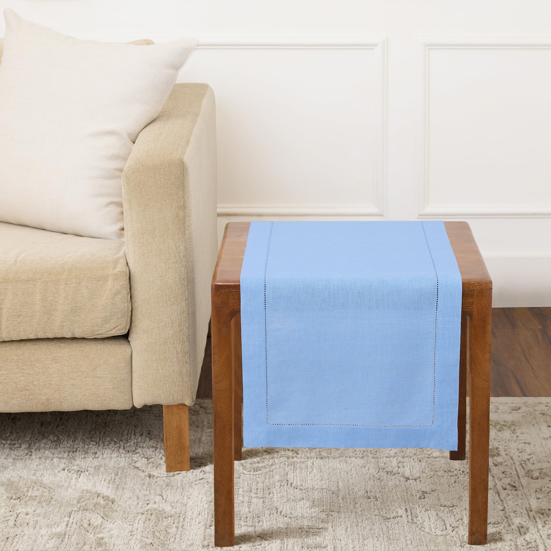 Solino Home Linen Light Natural Table Runner 72 Inches Long - 100% Pure Linen Hemstitch Table Runner 14 x 72 Inch for Dresser, Dining, Spring, Summer - Classic Hemstitch