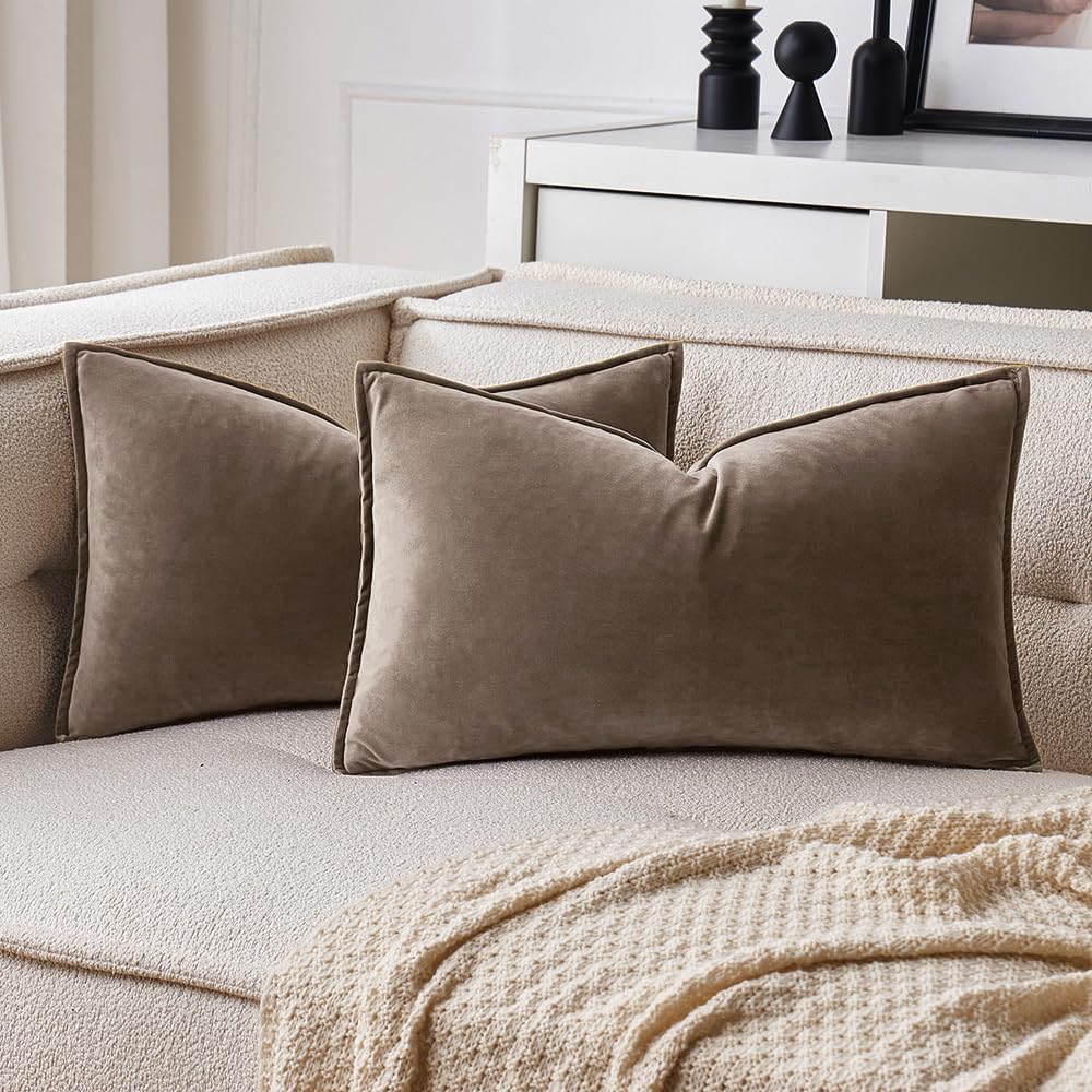 MIULEE Dark Coffee Velvet Throw Pillow Covers 24x24 Taupe Neutral Soft Decorative Solid Square Euro Sham Cushion Cases Pack of 2 Modern Luxury Home Decor for Couch, Sofa, Bedroom