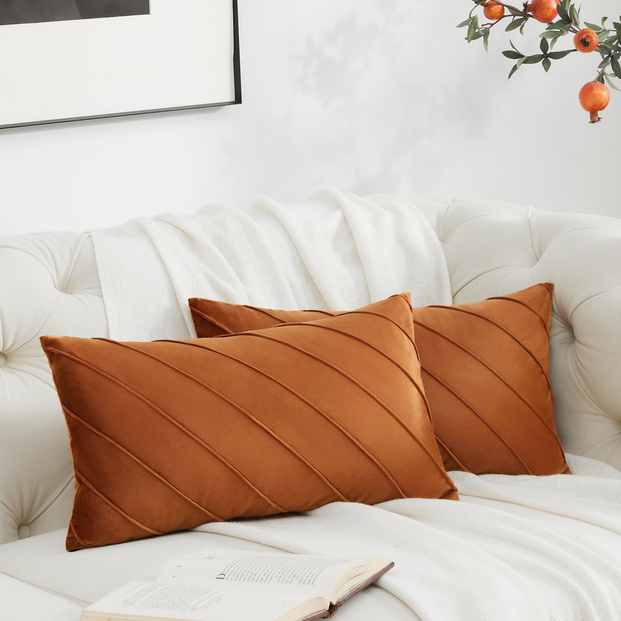 GIGIZAZA Decorative Velvet Pillow Covers 18x18, Set of 2 Gold Sofa Couch Throw Pillows Covers Cases, Living Room Square Cushion Accent Stripe Covers