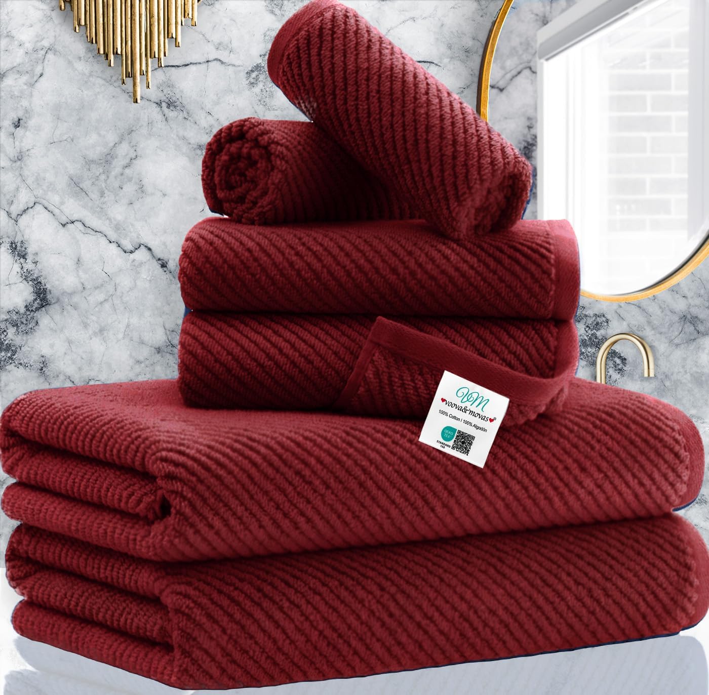 VOOVA & MOVAS Bath Towel Sets - 100% Cotton | Quick Dry | Light Weight | Thick | Soft, Beige Towels Set of 6, 2 Large Bath 30" x 56", 2 Hand 18" x 28", 2 Washcloths 13" x 13", Tan Towel Gift Set