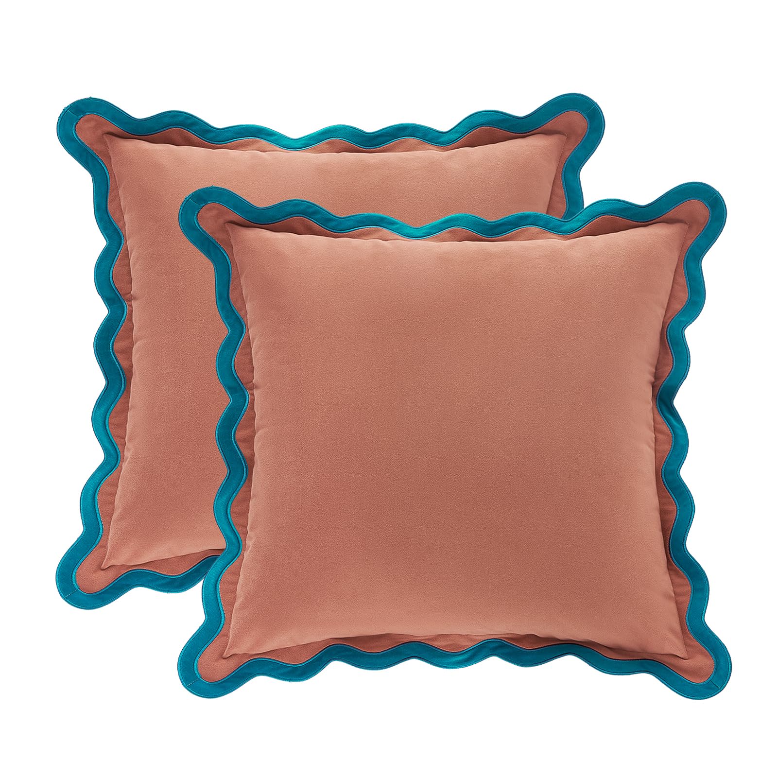 MONDAY MOOSE Decorative Throw Pillow Covers Cushion Cases, Set of 2 Soft Velvet Scalloped Wavy Edge Designs, Mix and Match for Home Decor, Pillow Inserts Not Included (20x20 inch, Pink/Honey)