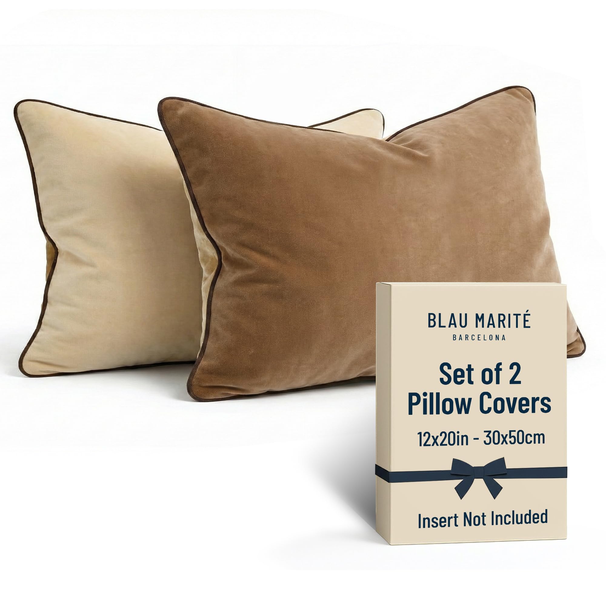 2 Pack Velvet Decorative Throw Pillow Covers, 20"x20", Green and Camel, Solid, Modern, Contrast Piping, Indoor Use, Bedroom & Living Room