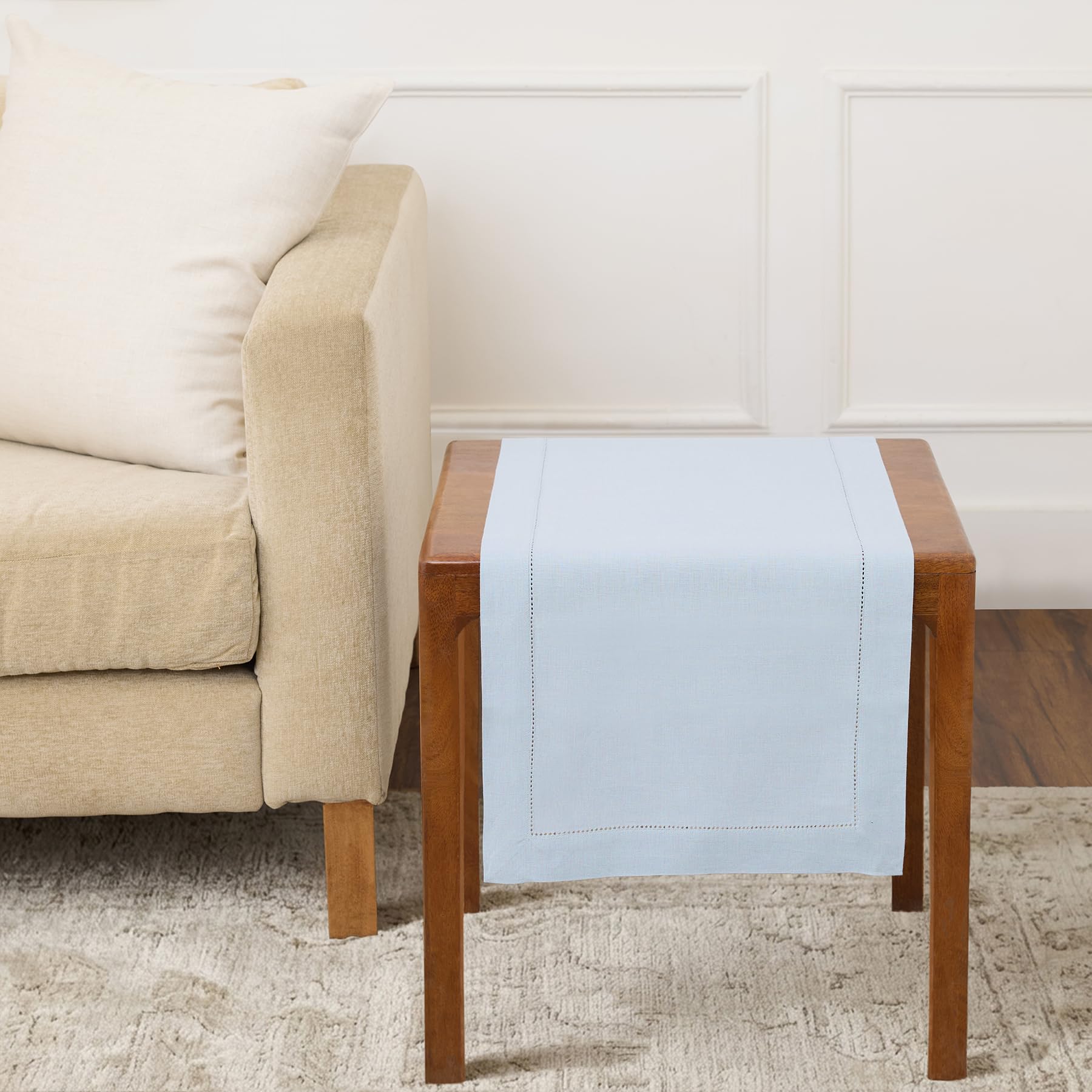 Solino Home Linen Light Natural Table Runner 72 Inches Long - 100% Pure Linen Hemstitch Table Runner 14 x 72 Inch for Dresser, Dining, Spring, Summer - Classic Hemstitch