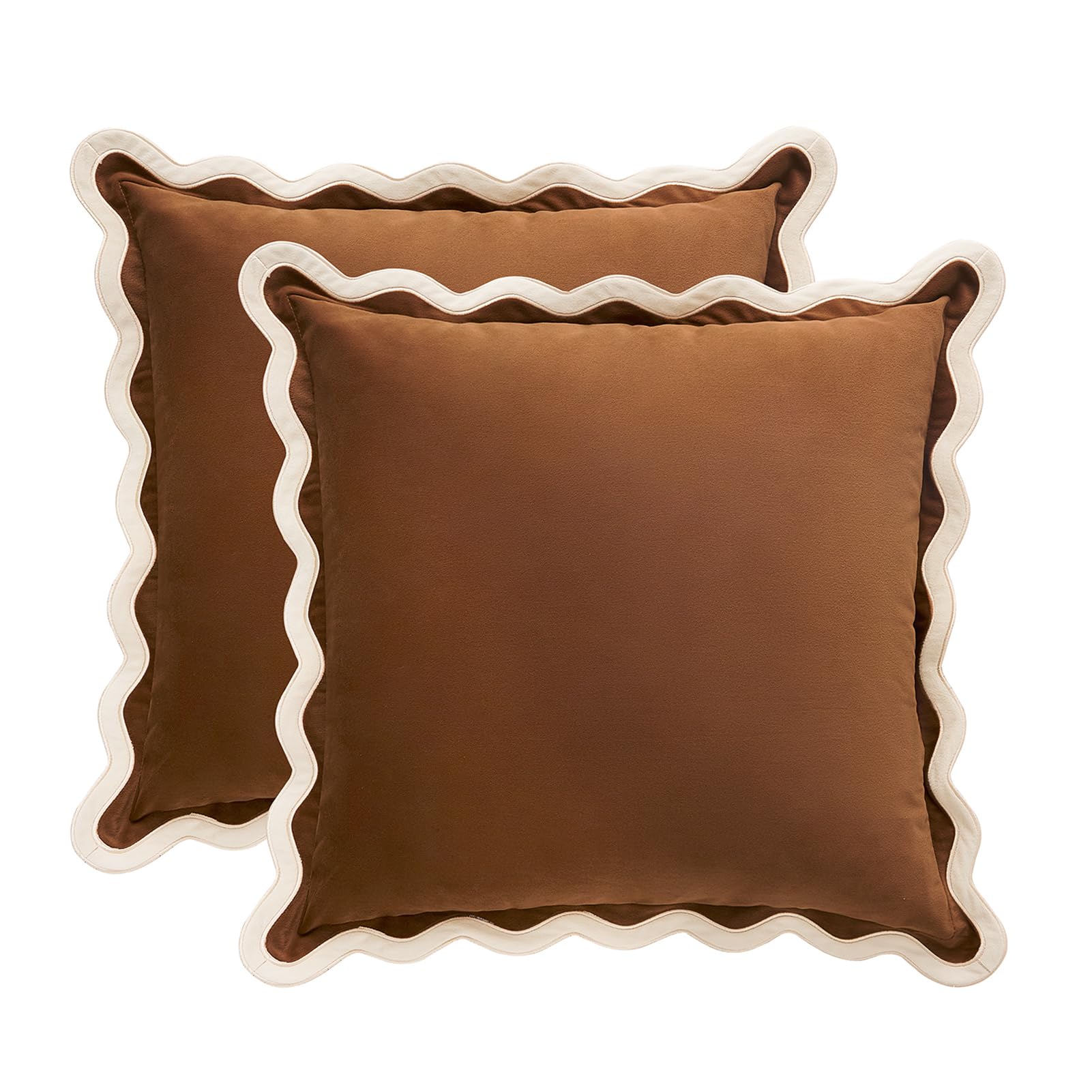MONDAY MOOSE Decorative Throw Pillow Covers Cushion Cases, Set of 2 Soft Velvet Scalloped Wavy Edge Designs, Mix and Match for Home Decor, Pillow Inserts Not Included (20x20 inch, Pink/Honey)