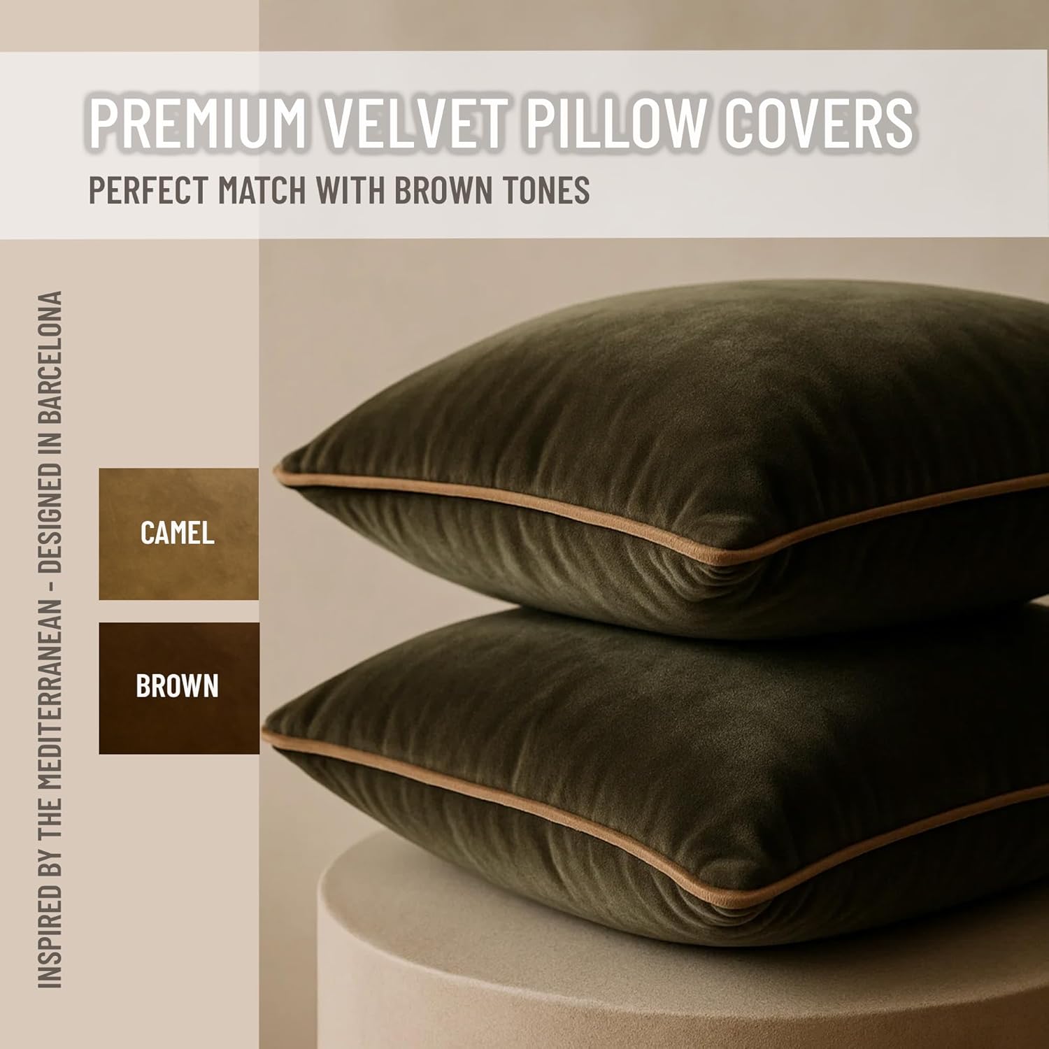 2 Pack Velvet Decorative Throw Pillow Covers, 20"x20", Green and Camel, Solid, Modern, Contrast Piping, Indoor Use, Bedroom & Living Room