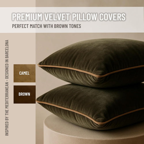 2 Pack Velvet Decorative Throw Pillow Covers, 20"x20", Green and Camel, Solid, Modern, Contrast Piping, Indoor Use, Bedroom & Living Room