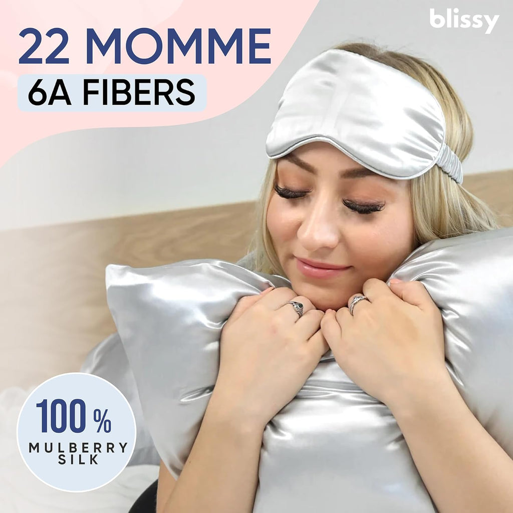 Blissy Silk Pillowcase - 100% Pure Mulberry Silk - 22 Momme 6A High-Grade Fibers - Silk Pillow Cover for Hair & Skin - Regular, Queen & King (Silver, Standard)