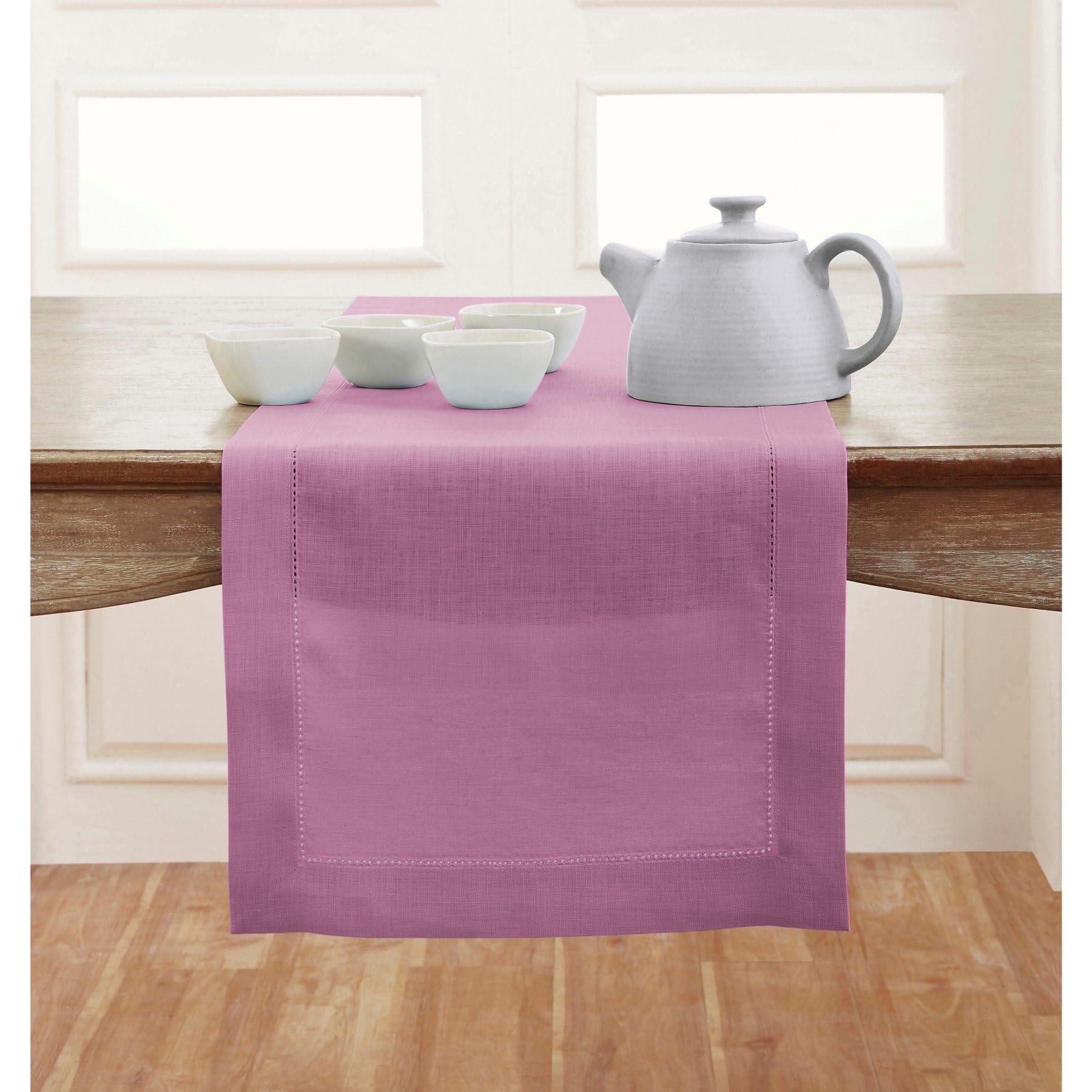 Solino Home Linen Light Natural Table Runner 72 Inches Long - 100% Pure Linen Hemstitch Table Runner 14 x 72 Inch for Dresser, Dining, Spring, Summer - Classic Hemstitch