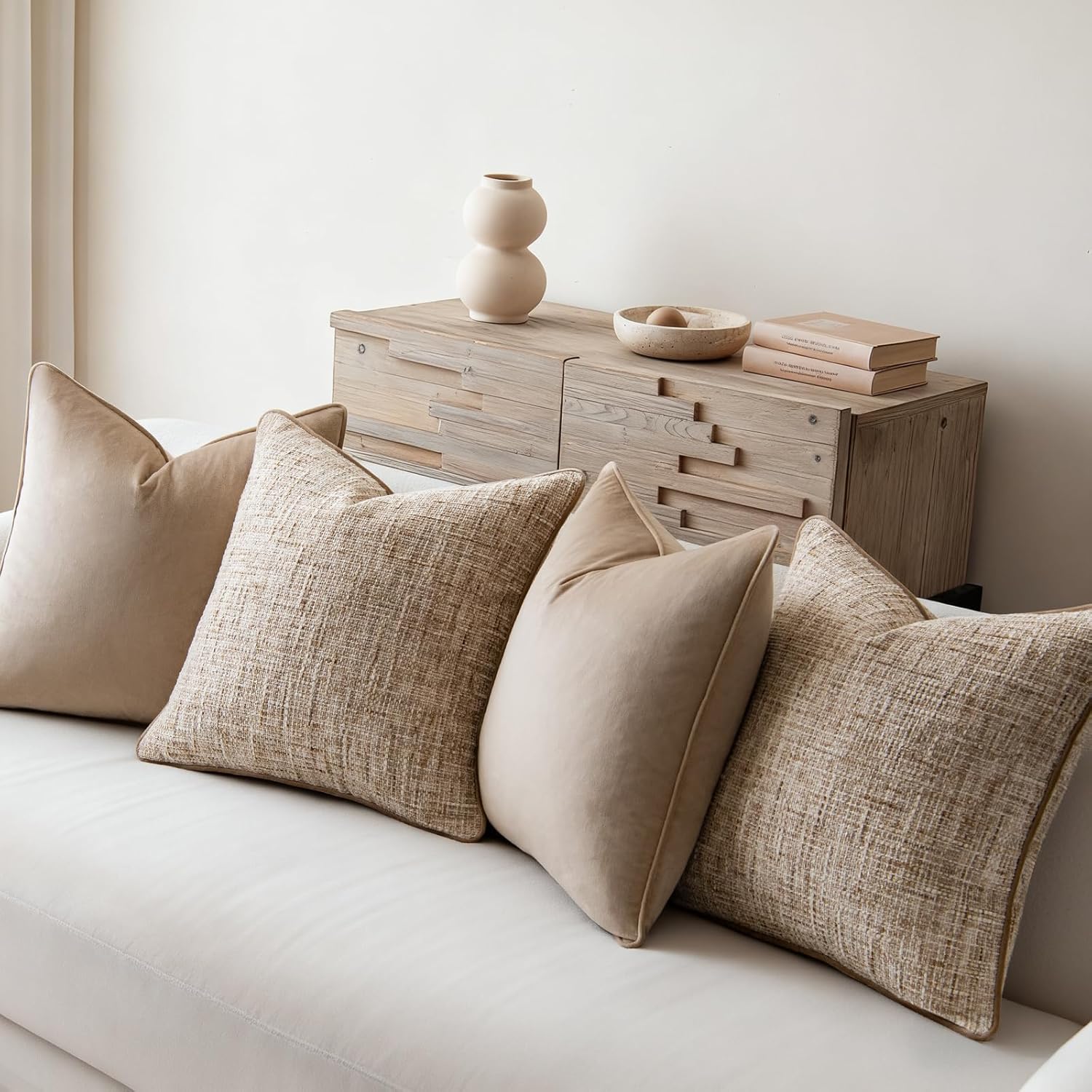 a moment Khaki 4 Pack Throw Pillow Covers - Chenille & Velvet Set with Piping, Farmhouse Textured Design Cushion Cases for Couch Sofa Bed (20x20 Inch, No Insert)