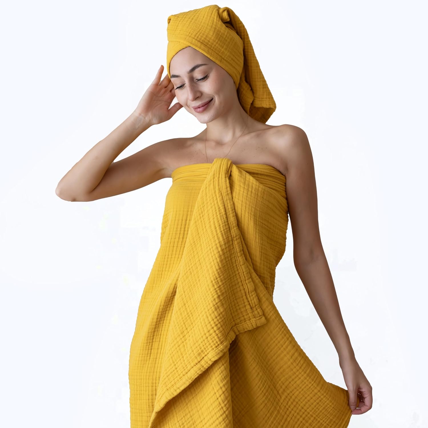 Ultra Soft Muslin Towel Adult Set, 100% Turkish Cotton 4-Layer 2 Pieces Luxury Muslin Hand & Bath Towels Sets for Bathroom (Mustard, 1 Bath & 1 Hand Towel Set)