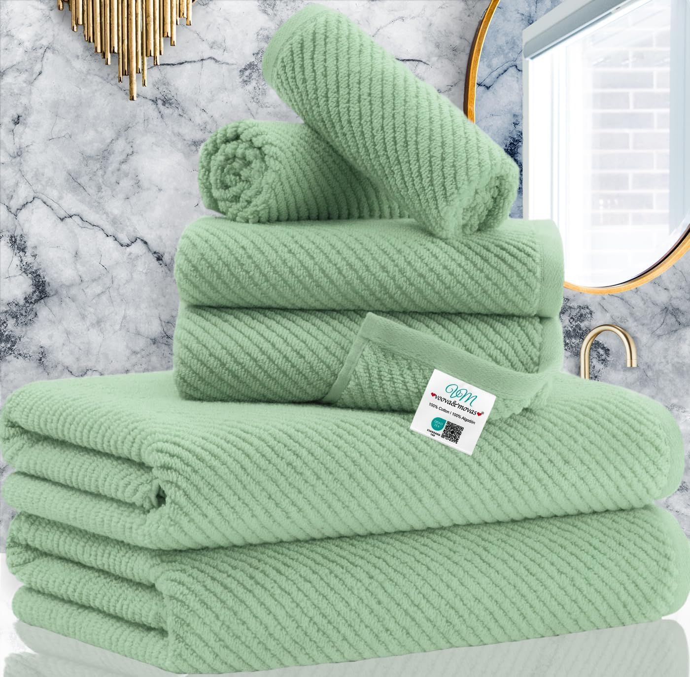 VOOVA & MOVAS Bath Towel Sets - 100% Cotton | Quick Dry | Light Weight | Thick | Soft, Beige Towels Set of 6, 2 Large Bath 30" x 56", 2 Hand 18" x 28", 2 Washcloths 13" x 13", Tan Towel Gift Set