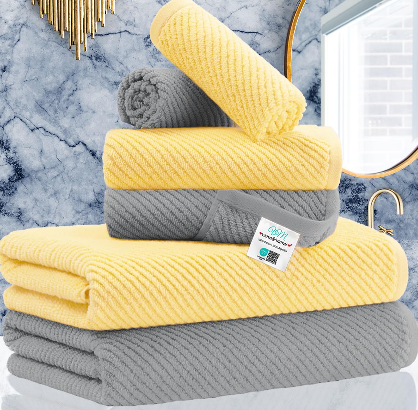 VOOVA & MOVAS Bath Towel Sets - 100% Cotton | Quick Dry | Light Weight | Thick | Soft, Beige Towels Set of 6, 2 Large Bath 30" x 56", 2 Hand 18" x 28", 2 Washcloths 13" x 13", Tan Towel Gift Set