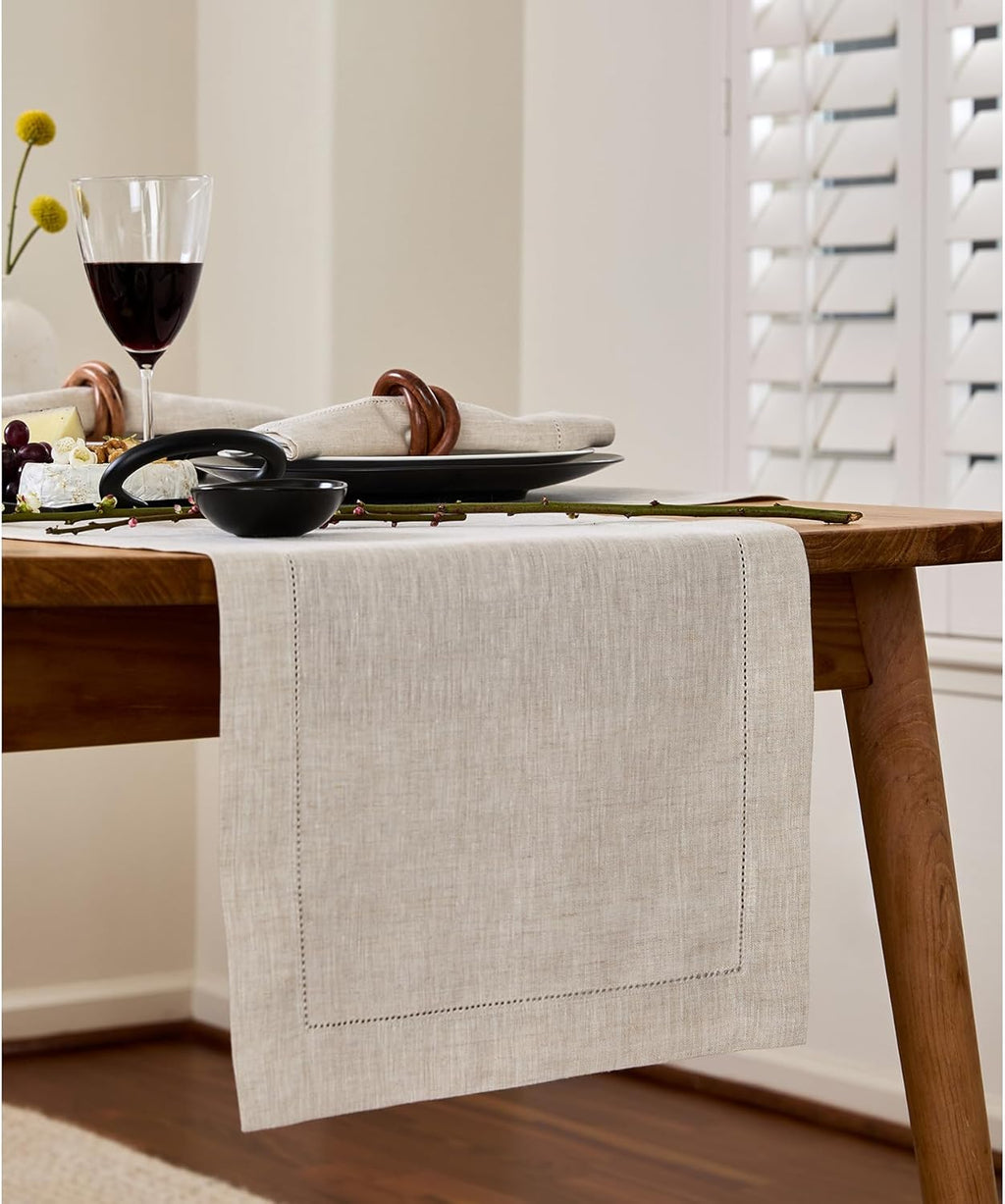 Solino Home Linen Light Natural Table Runner 72 Inches Long - 100% Pure Linen Hemstitch Table Runner 14 x 72 Inch for Dresser, Dining, Spring, Summer - Classic Hemstitch