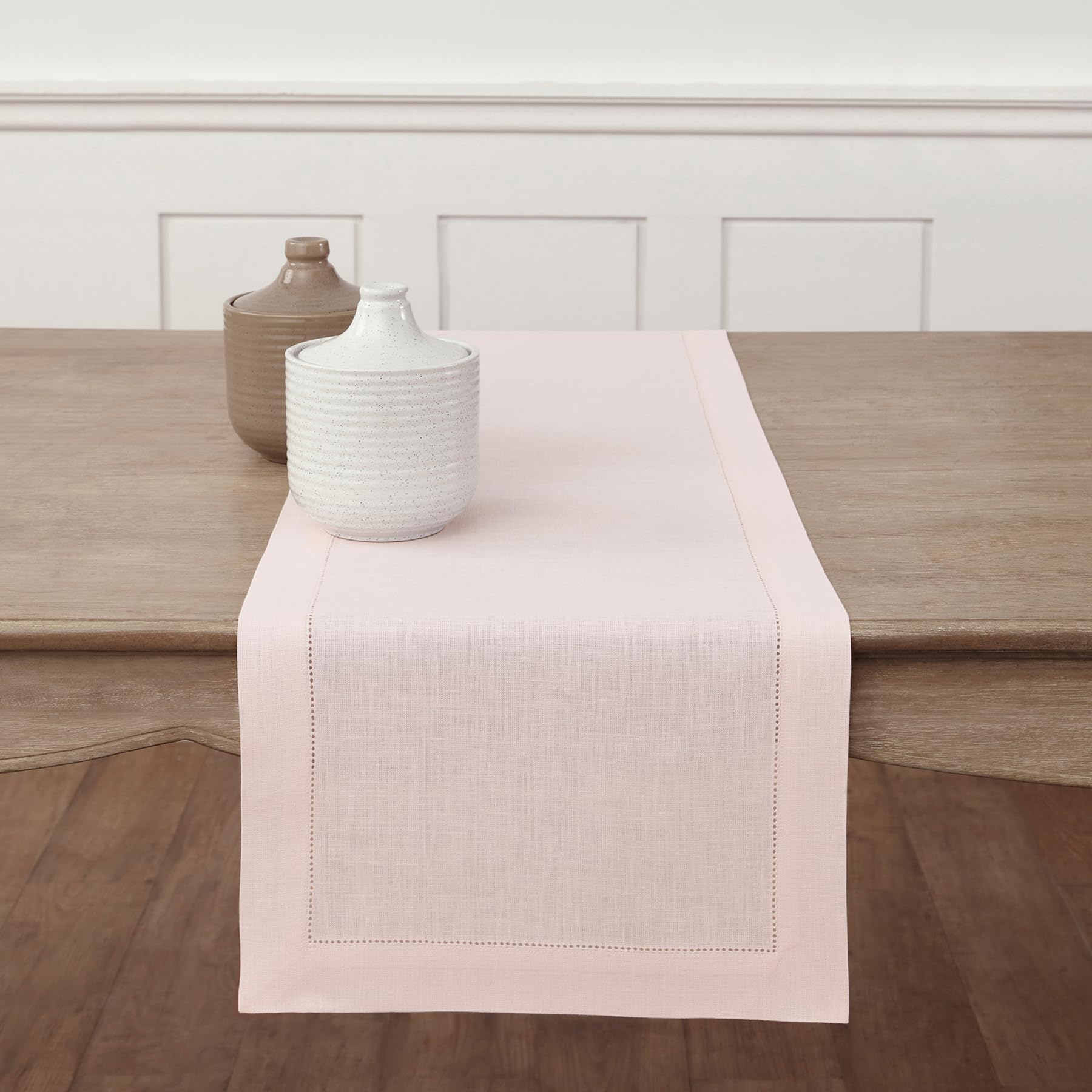Solino Home Linen Light Natural Table Runner 72 Inches Long - 100% Pure Linen Hemstitch Table Runner 14 x 72 Inch for Dresser, Dining, Spring, Summer - Classic Hemstitch