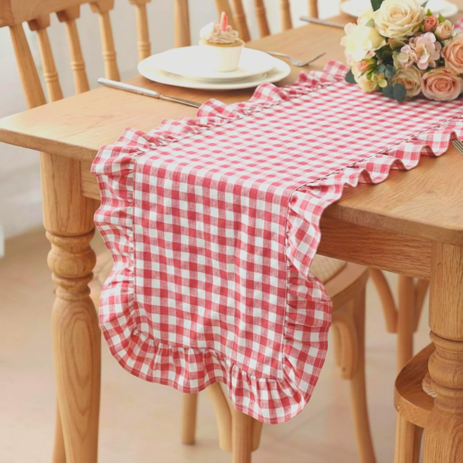 HunnmingRe 1 Pcs Blue Plaid Gingham Ruffle Table Runner 118 x 13.8'' Farmhouse Table Runner 100% Cotton Scalloped Long Dresser Scarves for Dining Room, Wedding, Kitchen Rustic Home Decor