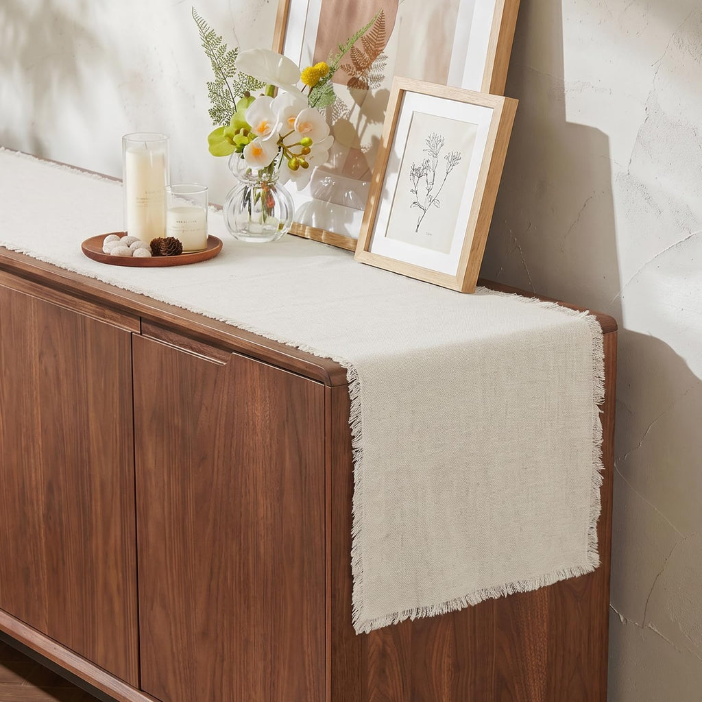 KINGSTONE 14 x 72 Inches Frayed Edge Table Runner, 270G Heavyweight Sand Washed Slub Texture Cotton Linen for Modern Farmhouse, Rustic Home Decorations Dining Room Wedding Boho Decor, Natural