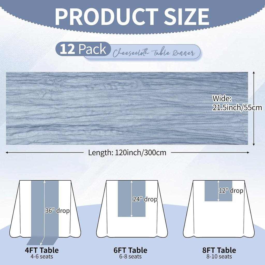 12 Pack Dusty Blue Cheesecloth Table Runner 10Ft, Gauze Table Runners 21.5 x 120 inch,Semi Sheer Cheese Cloth Fabric Runner Bulk for Wedding,Party,Baby Shower,Bridal Shower