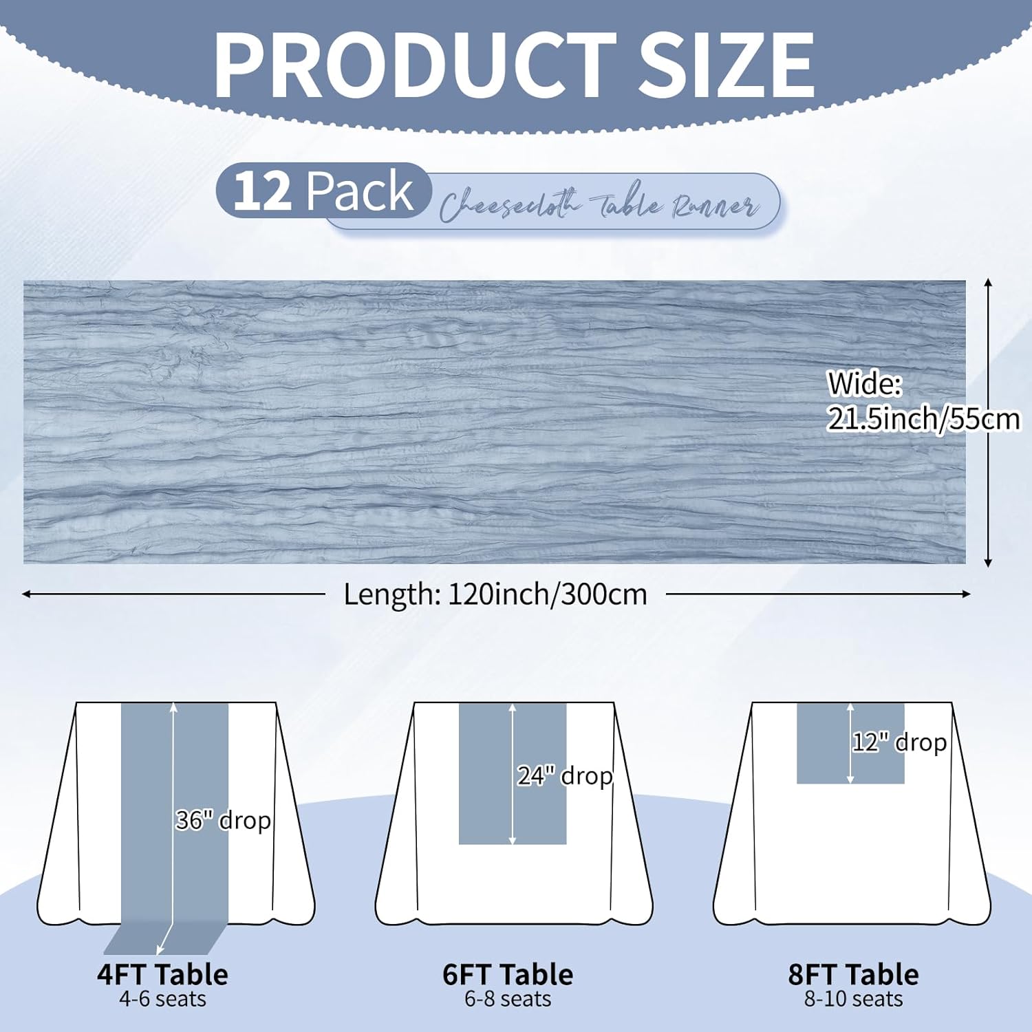 12 Pack Dusty Blue Cheesecloth Table Runner 10Ft, Gauze Table Runners 21.5 x 120 inch,Semi Sheer Cheese Cloth Fabric Runner Bulk for Wedding,Party,Baby Shower,Bridal Shower