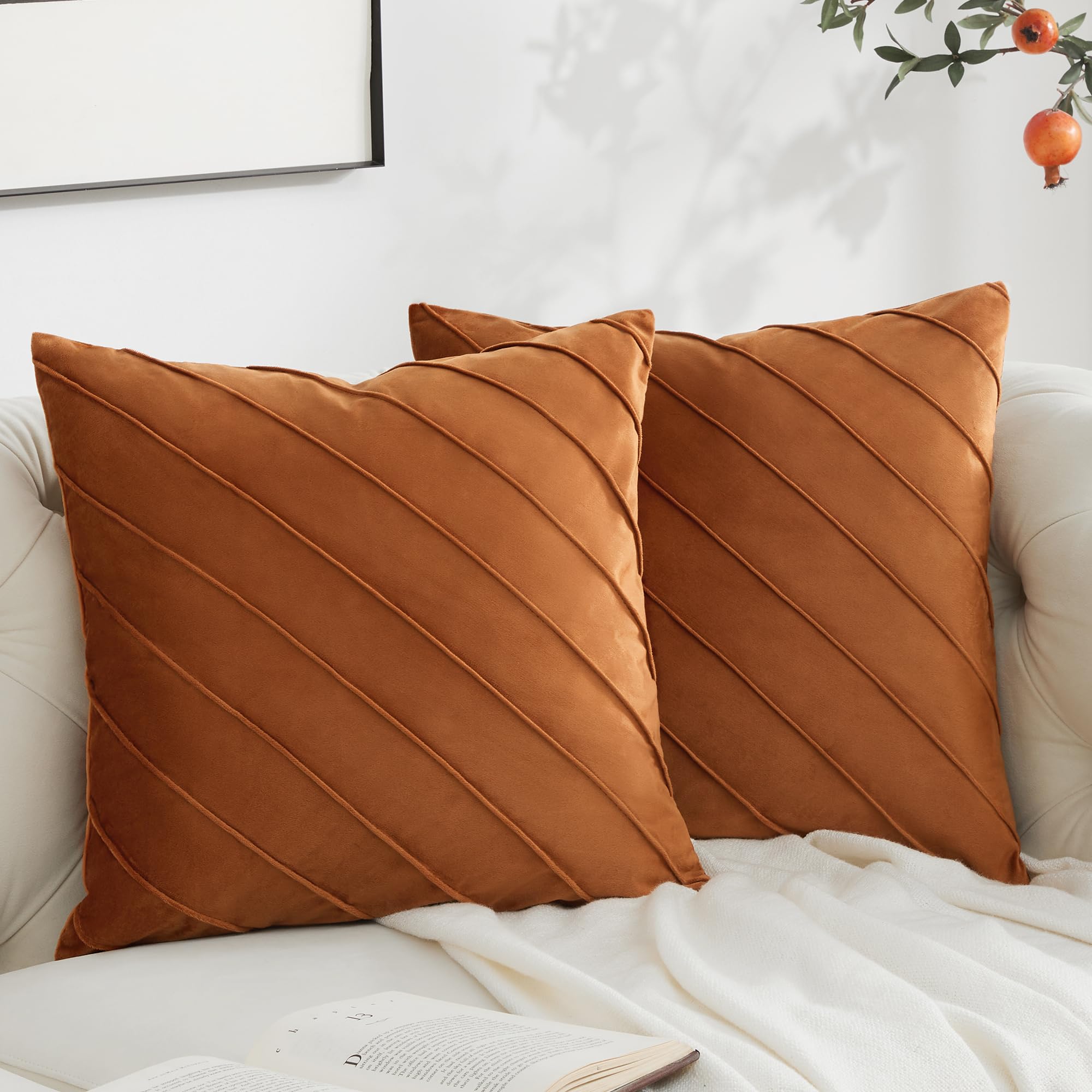 GIGIZAZA Decorative Velvet Pillow Covers 18x18, Set of 2 Gold Sofa Couch Throw Pillows Covers Cases, Living Room Square Cushion Accent Stripe Covers