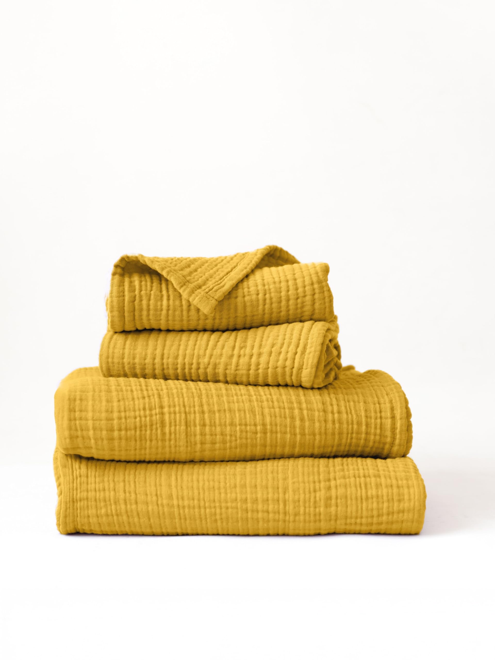 Ultra Soft Muslin Towel Adult Set, 100% Turkish Cotton 4-Layer 2 Pieces Luxury Muslin Hand & Bath Towels Sets for Bathroom (Mustard, 1 Bath & 1 Hand Towel Set)
