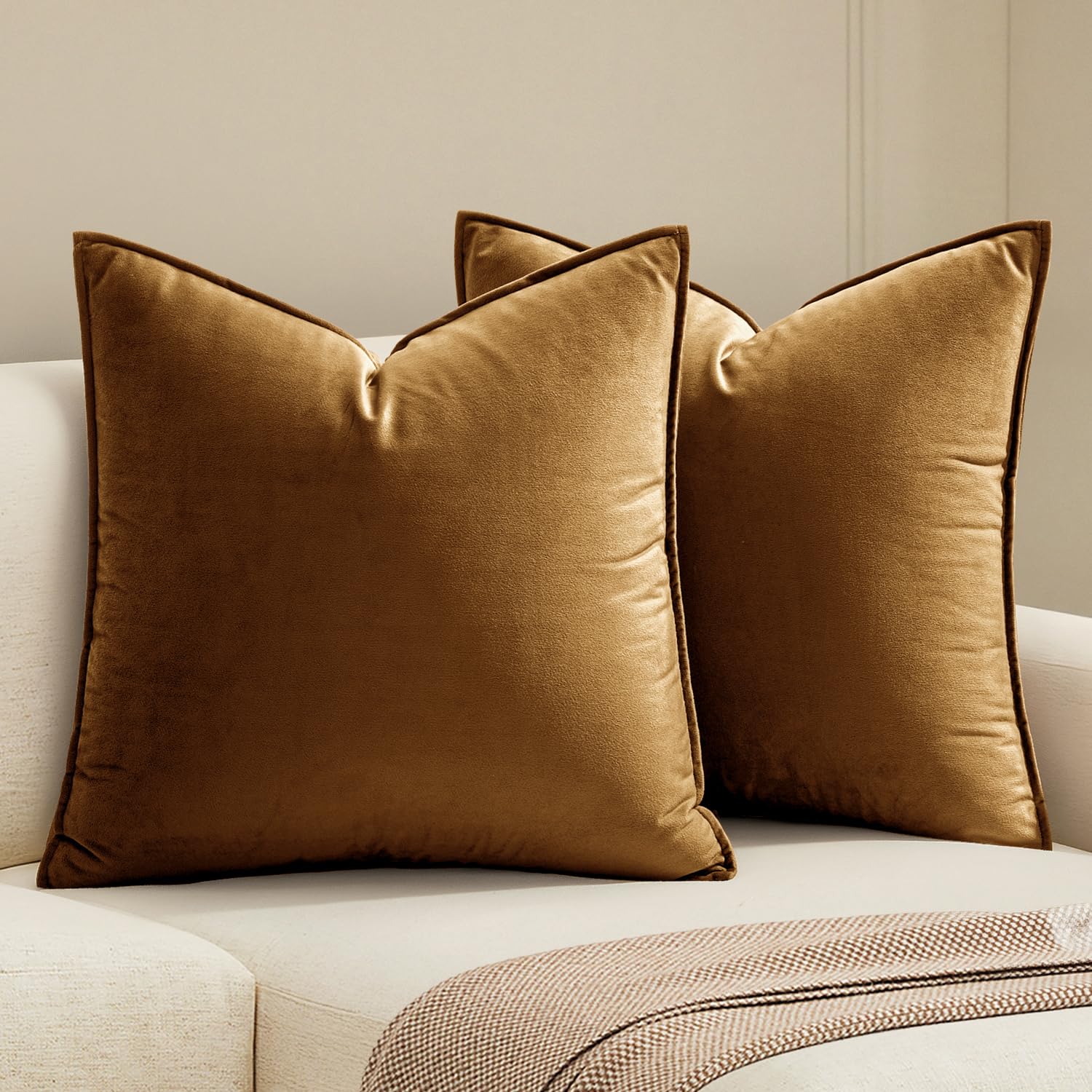 MIULEE Brown Velvet Throw Pillow Covers 20x20 Soft Decorative Solid Square Cushion Cases Pack of 2 Modern Luxury Home Decor for Couch, Sofa, Bedroom
