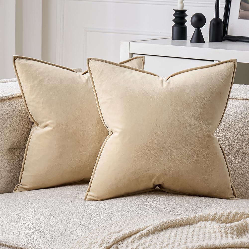MIULEE Dark Coffee Velvet Throw Pillow Covers 24x24 Taupe Neutral Soft Decorative Solid Square Euro Sham Cushion Cases Pack of 2 Modern Luxury Home Decor for Couch, Sofa, Bedroom