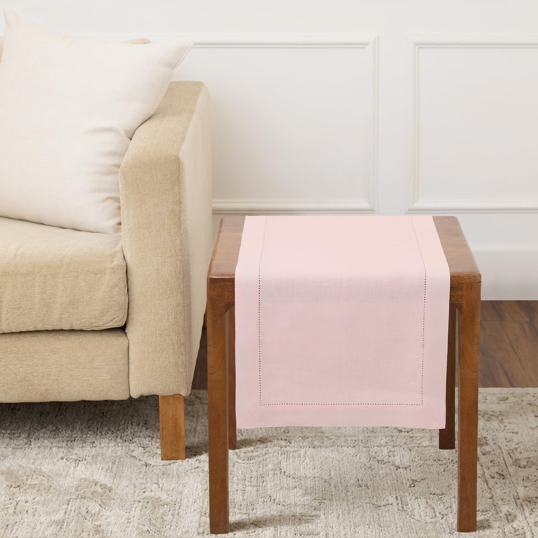 Solino Home Linen Light Natural Table Runner 72 Inches Long - 100% Pure Linen Hemstitch Table Runner 14 x 72 Inch for Dresser, Dining, Spring, Summer - Classic Hemstitch