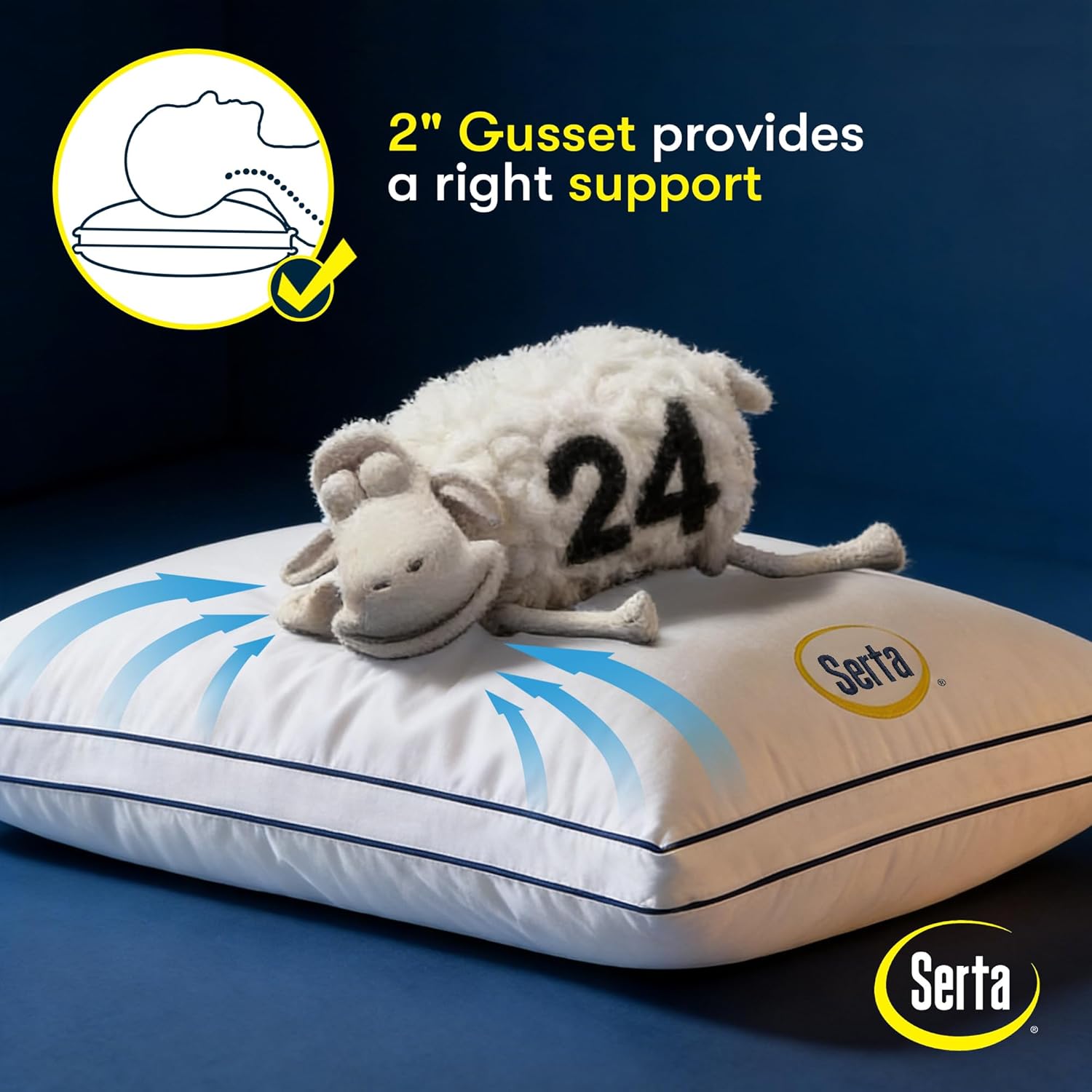 Serta Hotel Collection Bed Pillows Queen/Standard Size Set of 2, 400 Thread Count 100% Cotton Cover, Medium Soft, Support Gusseted Down Alternative Pillow for Back, Stomach or Side Sleepers, 18" x 26"